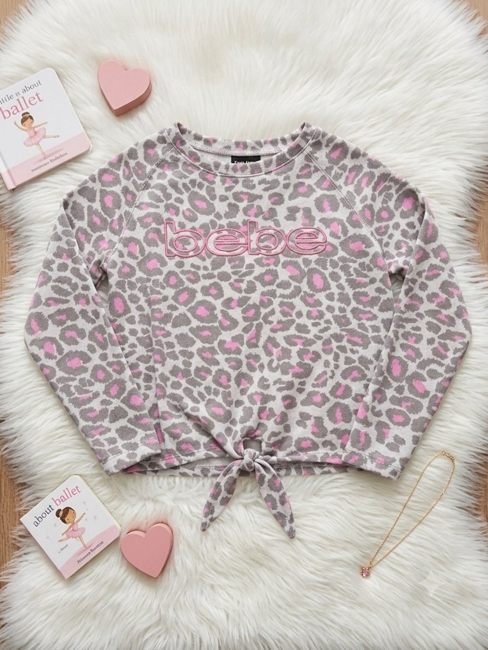 bebe Gray & Pink Leopard Tie-Front Sweatshirt